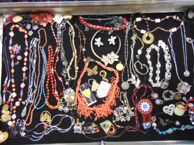 Large Collection of Jewelry, sterling silver & costume to include Danecraft sterling leaf necklace;: Large Collection of Jewelry, sterling silver & costume to include Danecraft sterling leaf necklace; sterling ship bracelet w/ hallmarks; sterling pin; 950 hallmark double bird necklace & bracelet; col