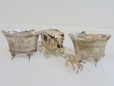 Silver miniature horse drawn carriage & pair miniature planters with glass inserts, carriage marked