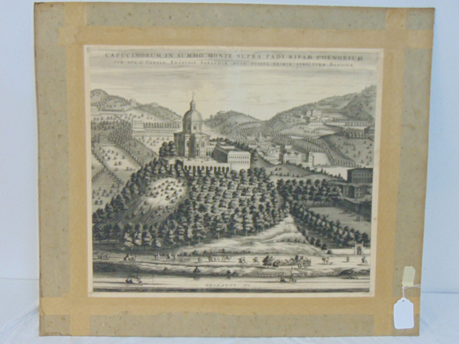 Etching, Italian landscape, with the Capuchin Monastery, Joannes Blaeu "Capucinorum in Summo Monte: Etching, Italian landscape, with the Capuchin Monastery, Joannes Blaeu "Capucinorum in Summo Monte Supra Padi Ripam Coenobium", 20.75" by 24" (impression), good contrast
