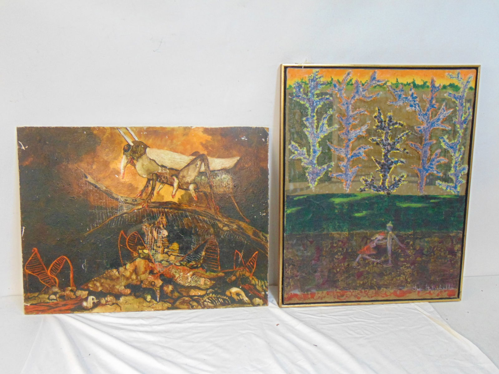 2 paintings, D. Bane double sided oil & oil by Dan Gottschalk, cow skull on one side, insect scene o: 2 paintings, D. Bane double sided oil & oil by Dan Gottschalk, cow skull on one side, insect scene on other side, signed D. Bane (Douglas) oil on Masonite, 22" by 29" & "Ice Skaters", signed Dan Gotts