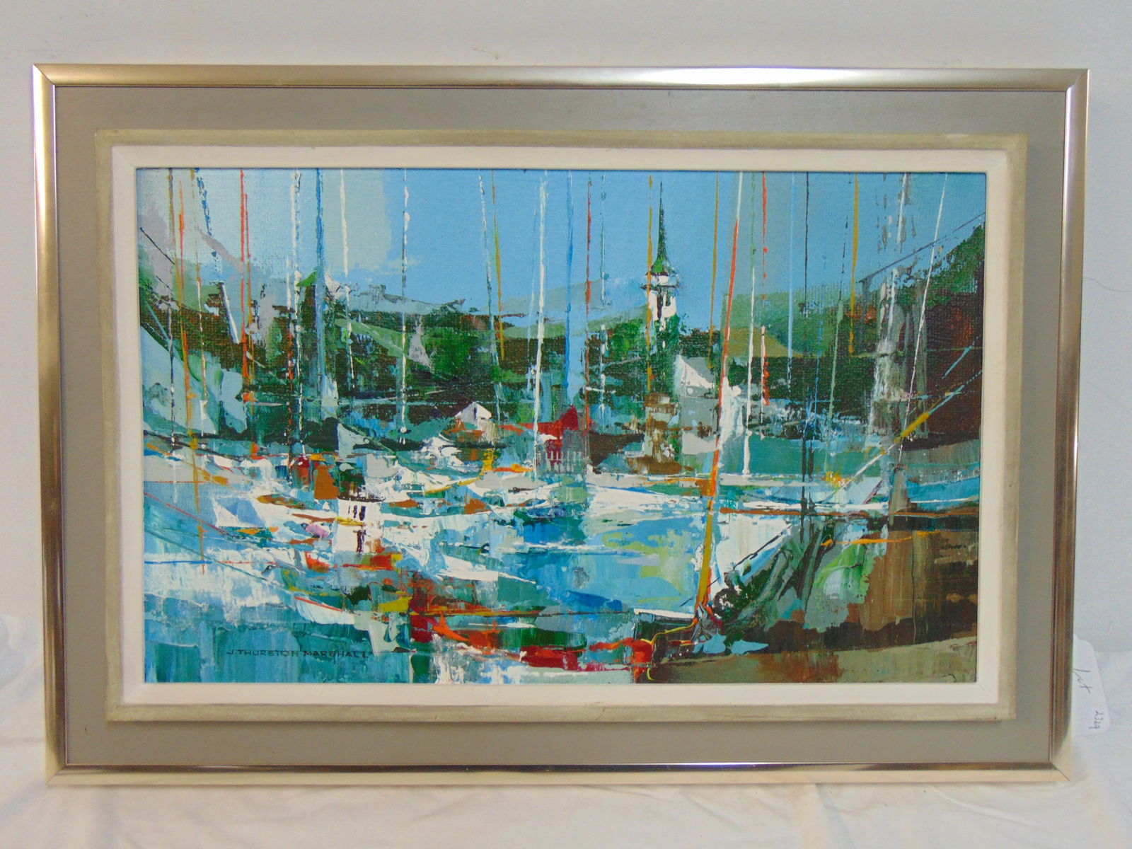 Painting, town scene with harbor, signed J. Thurston Marshall, oil on board, 11" by 18", framed size: Painting, town scene with harbor, signed J. Thurston Marshall, oil on board, 11" by 18", framed size is 15 5/8" by 22 5/8"