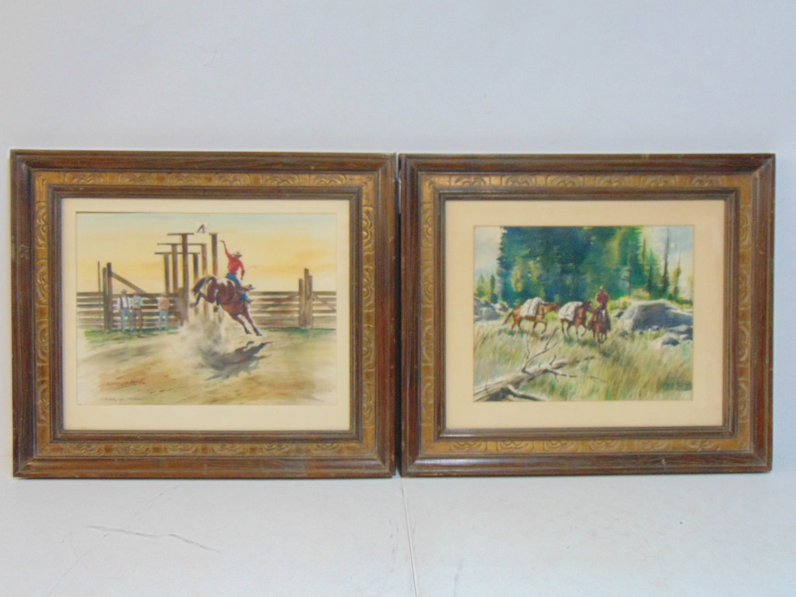 2 paintings, western scenes, signed Stanley Long, watercolor on paper, "The Bronco Peeler-Rodeo, Son: 2 paintings, western scenes, signed Stanley Long, watercolor on paper, "The Bronco Peeler-Rodeo, Sonoma California" 14.25" 19.25" & "High Country (has unfinished sketch verso), 13.25" by 16.75", frame