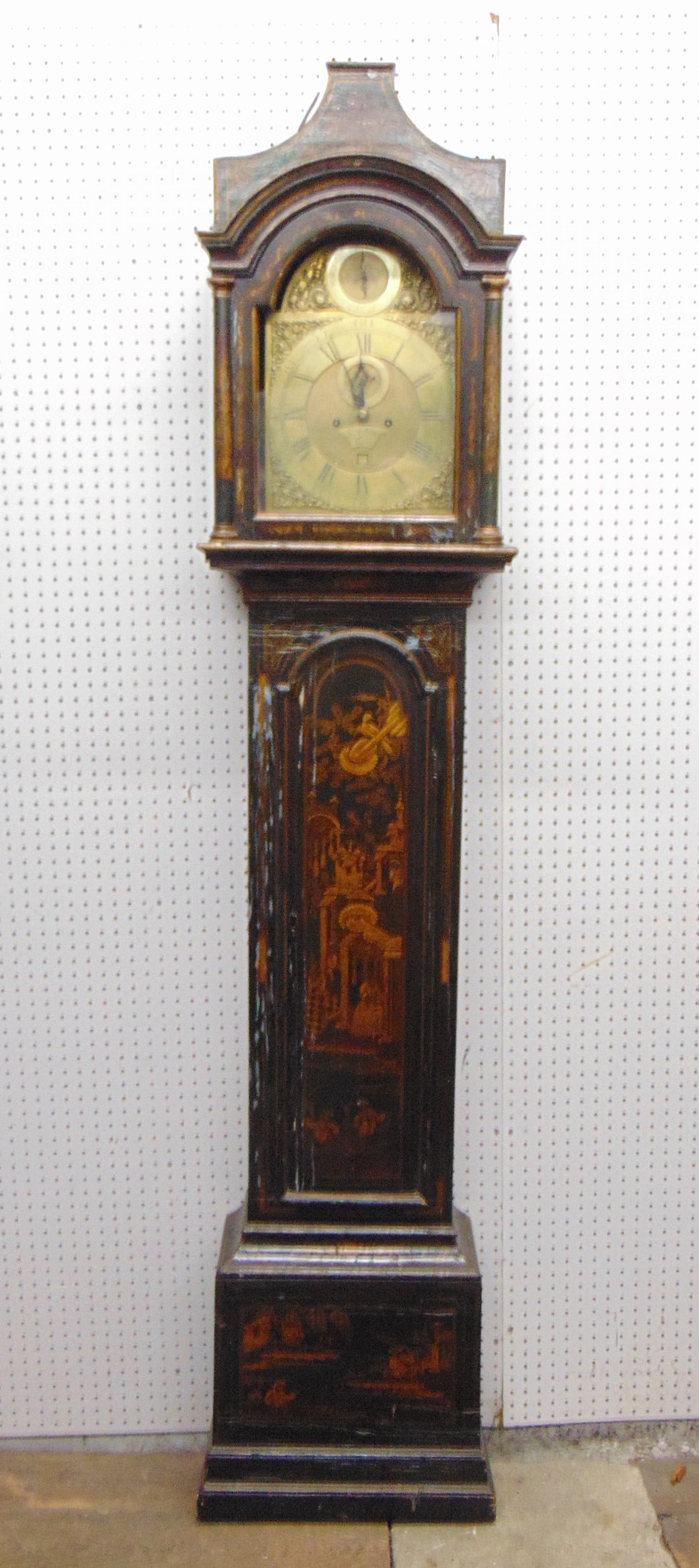 Chinois tall case clock with brass face, "In Sidaway, London, with iron weights & pendulum, glass in: Chinois tall case clock with brass face, "In Sidaway (?), London, with iron weights & pendulum, glass in hood is broken, height clock is 91.5" tall