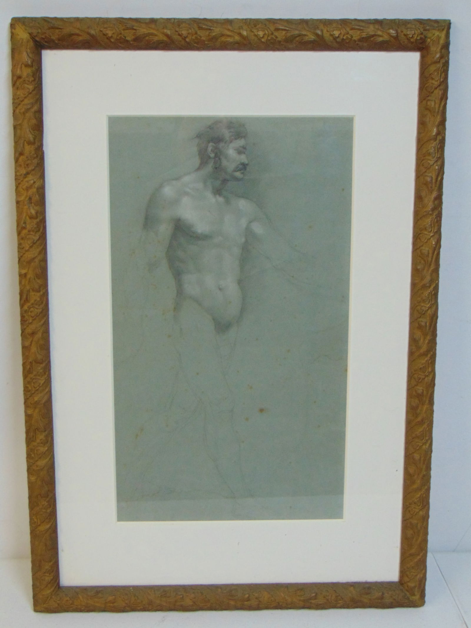 Drawing, study of a nude man, unsigned, pencil on blue paper, drawing is 21.5" by 12.5", framed size: Drawing, study of a nude man, unsigned, pencil on blue paper, drawing is 21.5" by 12.5", framed size is 31.75" by 22"