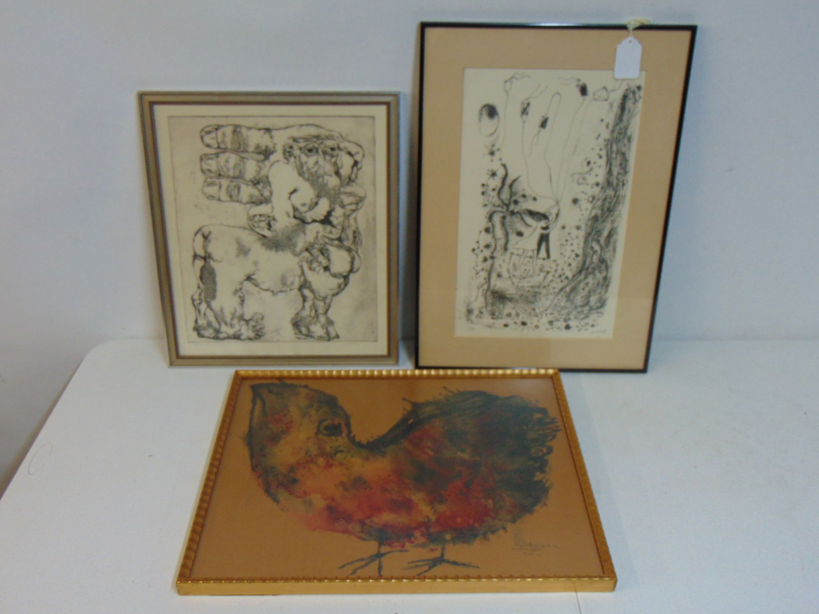 Art lot, etching, litho & watercolor, rooster, watercolor on paper, 19.25" by 24 5/8", signed illegi: Art lot, etching, litho & watercolor, rooster, watercolor on paper, 19.25" by 24 5/8", signed illegibly; etching, "Batrin Centaur Impotent", signed Saftoin 1968, 21.25" by 18.25" & litho, children wit