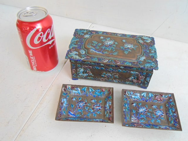 Chinese enameled copper wood line box with two small trays, box is 6 5/8" by 4" by 2.5" (1 of 5)