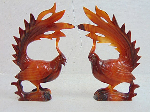 Pair carved hard stone Carnelian roosters, exotic birds, height is 5" small chips, beak & feathers (1 of 4)