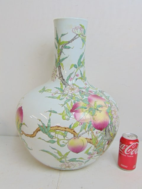 Large Chinese porcelain peach blossom vase, signed, drilled, vase is 20" tall, 15" wide: Large Chinese porcelain peach blossom vase, signed, drilled, vase is 20" tall, 15" wide