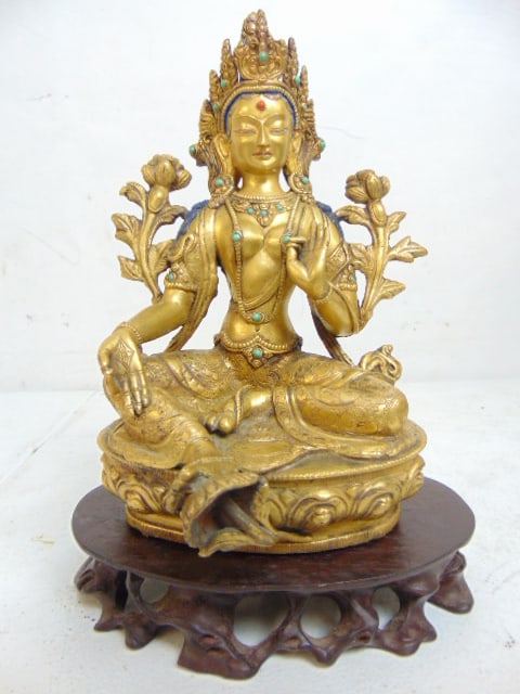 Fine quality gilt bronze buddha with inlaid stones, painted detail, on wood base, height as shown is (1 of 7)