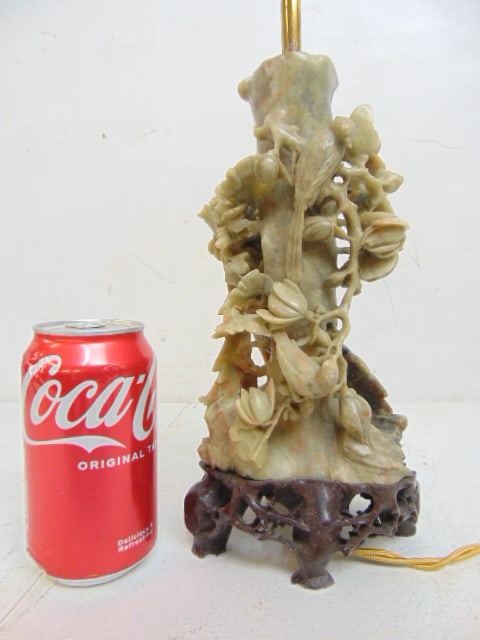 Carved soapstone lamp base, carved peacock & birds in tree, height is 14.5" (height to top socket): Carved soapstone lamp base, carved peacock & birds in tree, height is 14.5" (height to top socket)