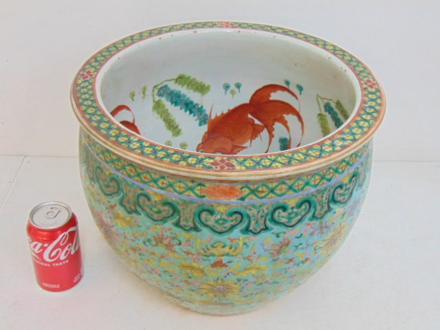 Chinese porcelain goldfish bowl, floral exterior & traditional goldfish interior, 14.25" in: Chinese porcelain goldfish bowl, floral exterior & traditional goldfish interior, 14.25" in diameter, height is 12"