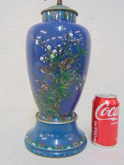 Cloisonne floral decorated table lamp in blue, on wood paint decorated base, height is 27.25" (base: Cloisonne floral decorated table lamp in blue, on wood paint decorated base, height is 27.25" (base to top finial)