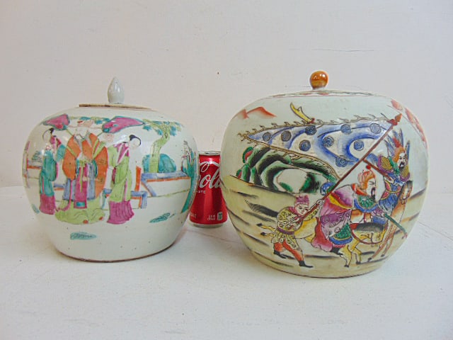 2 Chinese ginger jars, decorated with figures, lidded, larger one with figure with flag is signed, (1 of 8)
