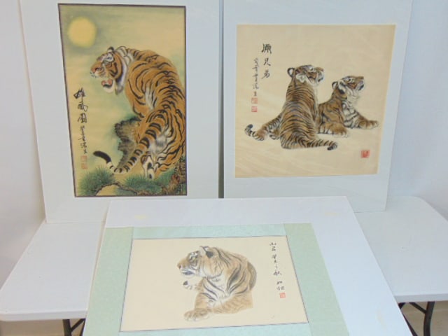 3 Asian watercolors, tigers, all signed, sizes (unframed) are25.5" by 25.5"; 20.25" by 32.25" & 31" (1 of 11)