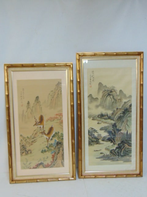 2 Asian, Chinese paintings, deer with mountain background & landscape, both signed, deer is 25.5" by (1 of 7)