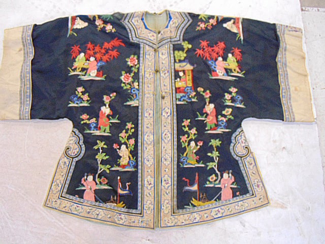 Antique Chinese silk robe, with embroidered figures, flowers, robe is 39" top to bottom, 56" sleeve: Antique Chinese silk robe, with embroidered figures, flowers, robe is 39" top to bottom, 56" sleeve to sleeve