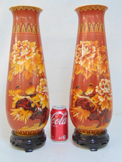 Pair decorative Chinese cloisonne floral decorated vases, in red, height is 16", signed, good: Pair decorative Chinese cloisonne floral decorated vases, in red, height is 16", signed, good condition, on wood bases