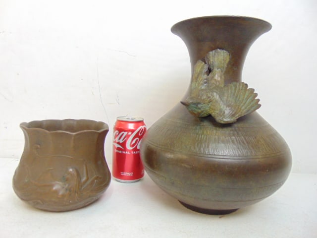 2 bronze vases, one with applied bird decoration, one with mermaid decoration, bird vase is 11",: 2 bronze vases, one with applied bird decoration, one with mermaid decoration, bird vase is 11", mermaid is 4.75"