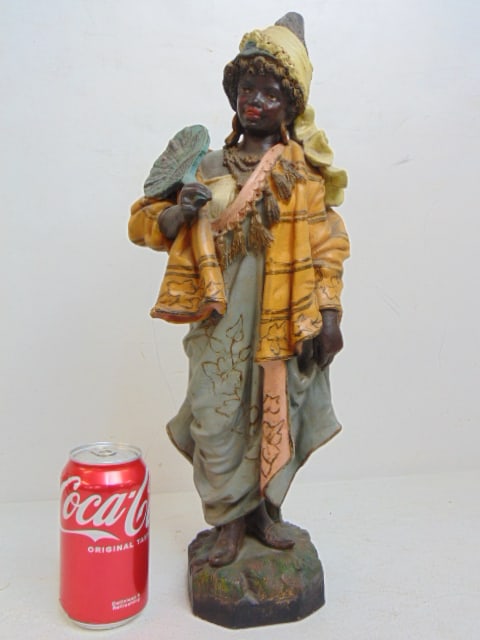 Terra Cotta Moorish figure with fan, marked JK, height is 17.75", has very minor chip on base: Terra Cotta Moorish figure with fan, marked JK, height is 17.75", has very minor chip on base