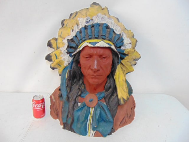 Large plaster maquette of a Native American Indian with elaborate headdress, painted, 24" tall, 24": Large plaster maquette of a Native American Indian with elaborate headdress, painted, 24" tall, 24" wide, depth is 17",has a few missing wing tips.