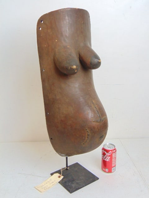 African Makonde Body mask, Tanzania, on metal display stand total height is 27" (as shown): African Makonde Body mask, Tanzania, on metal display stand total height is 27" (as shown)