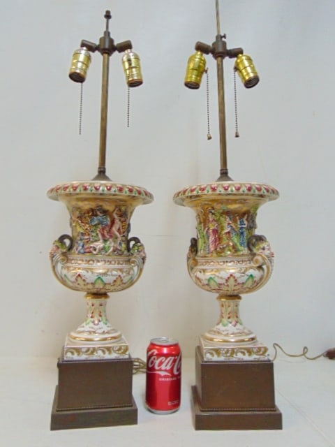 Pair Capodimonte urn style lamps, extensively decorated, height base to rim urns is 16", total: Pair Capodimonte urn style lamps, extensively decorated, height base to rim urns is 16", total height is 29.5"