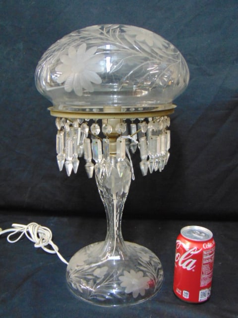 Cut glass table lamp with cut glass shade, hanging crystals around rim shade, few hanging crystals: Cut glass table lamp with cut glass shade, hanging crystals around rim shade, few hanging crystals missing, height lamp is 19", diameter shade is 10"