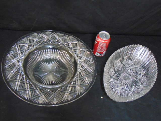 Round & oval cut glass bowls, round bowl with wide rim is 15.5" in diameter, oval bowl is 14.5" by: Round & oval cut glass bowls, round bowl with wide rim is 15.5" in diameter, oval bowl is 14.5" by 9"