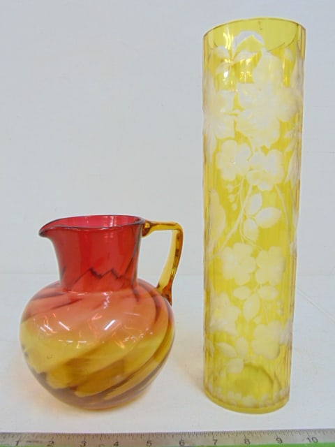 Glass Amberina pitcher & yellow wheel cut vase with floral decorations, pitcher is 6.75" tall, vase (1 of 5)