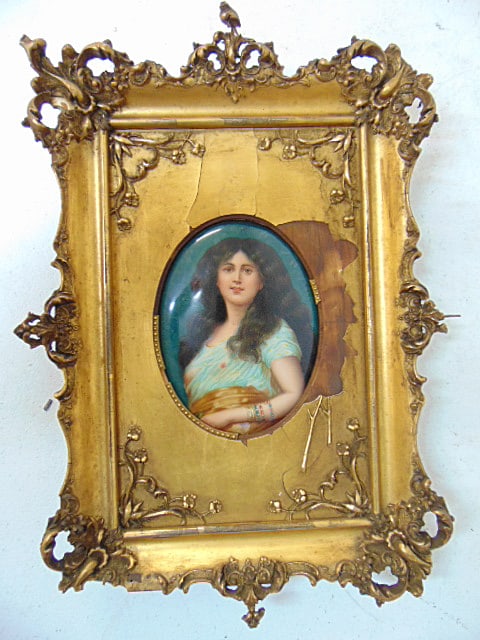 German porcelain plaque, portrait lady After Nathaniel Sichellate, "Lotosblume nach Sichel" in gilt (1 of 4)
