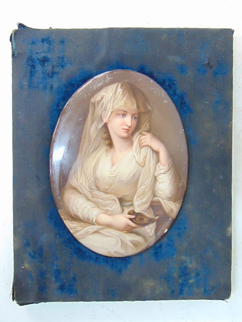 Painted KPM porcelain plaque, oval, portrait of a woman holding an oil lamp, in velvet lining, H.: Painted KPM porcelain plaque, oval, portrait of a woman holding an oil lamp, in velvet lining, H. Buckner, painter on porcelain, Dresden plaque is 7" by 5", with velvet liner 10" by 8"