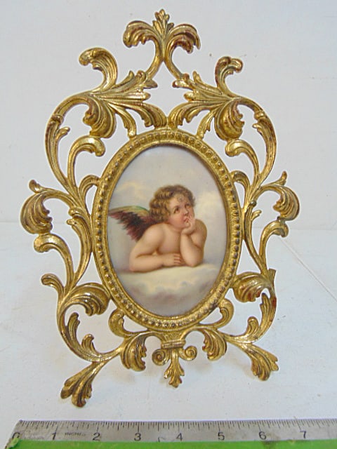 Oval painting on porcelain, putti in clouds, in brass frame, 10.75" by 8" framed size (1 of 4)