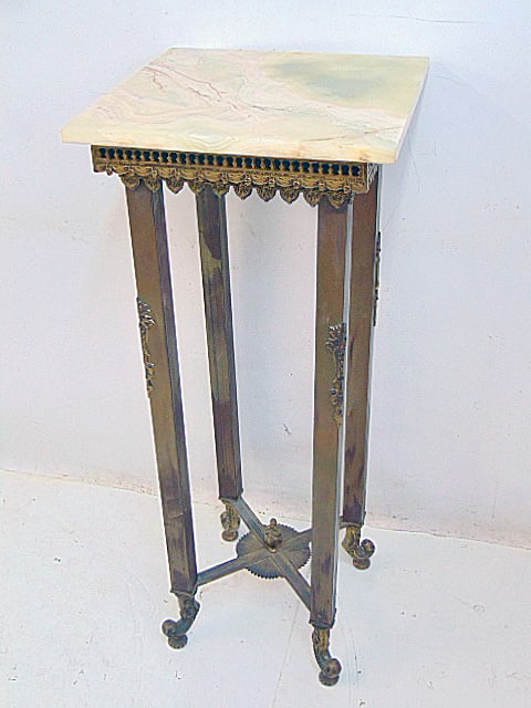 Brass base onyx top stand, decorative skirt, top is 16" by 16", height is 40" (1 of 5)