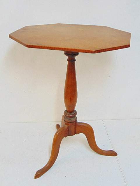 Tiger maple tilt top stand, octagonal top, top is 21" by 16", height is 28" (1 of 4)