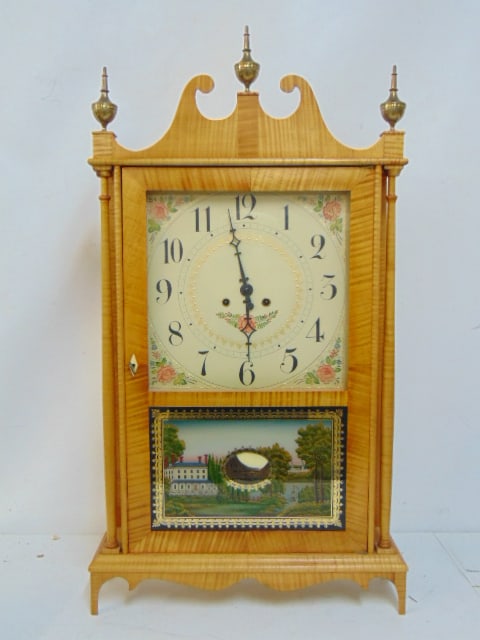 Tiger maple pillar & scroll clock by James Lea, with eglomise bottom panel, paint decorated face, (1 of 6)