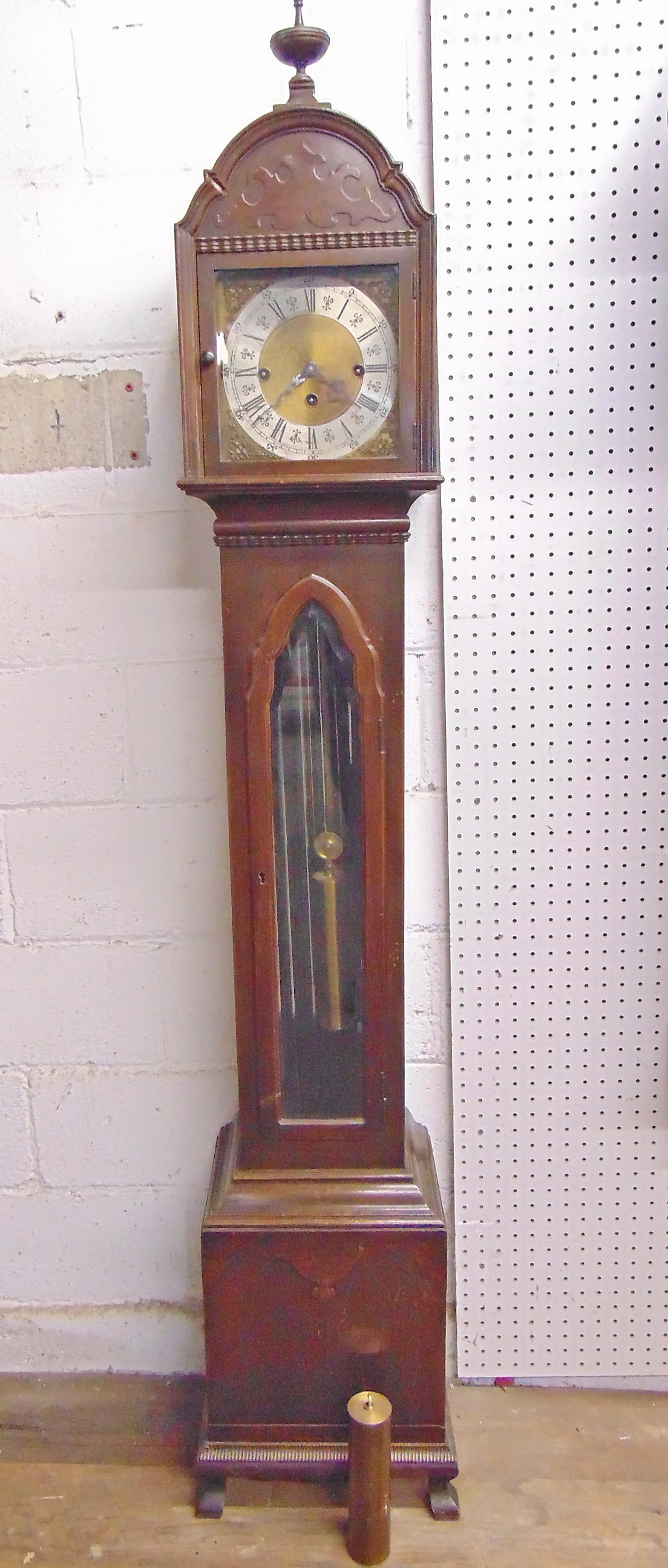 Diminutive tall case clock with chimes, triple brass weights, one weight hookup needs repair, case (1 of 6)