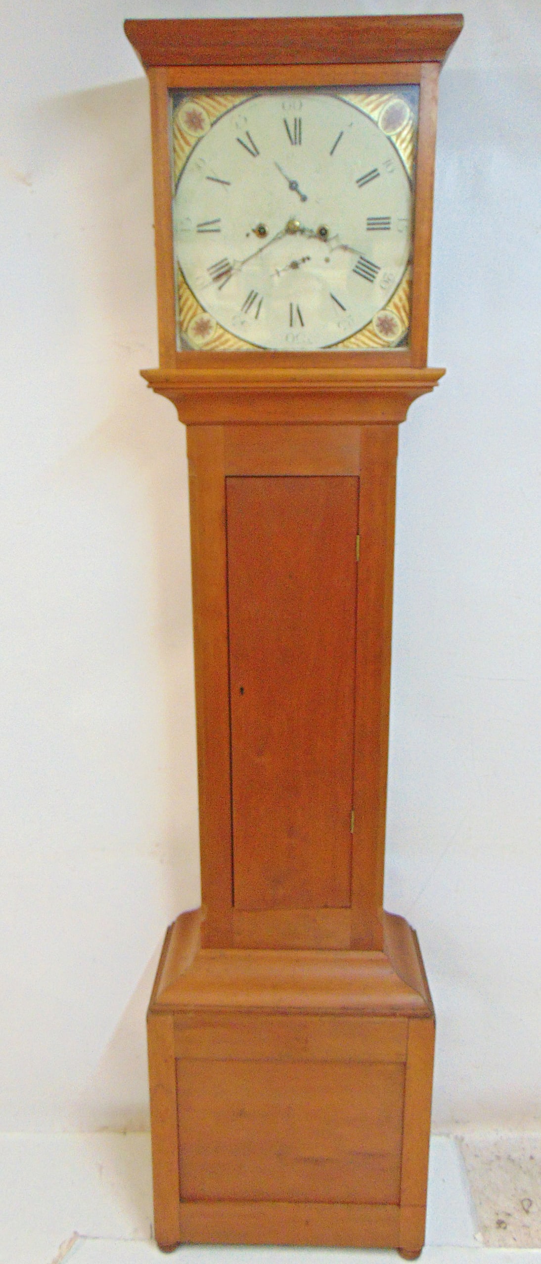 Tall case clock, paint decorated face, makers name faded, double weight & decorative pendulum, hood (1 of 9)