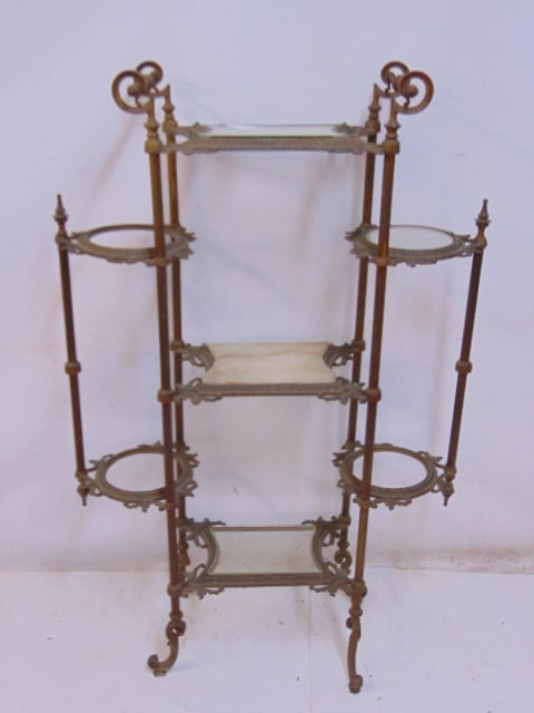 Fancy brass etagere with glass & onyx shelf, missing 3 small round glass shelves, , 32.5" wide, 11" (1 of 4)