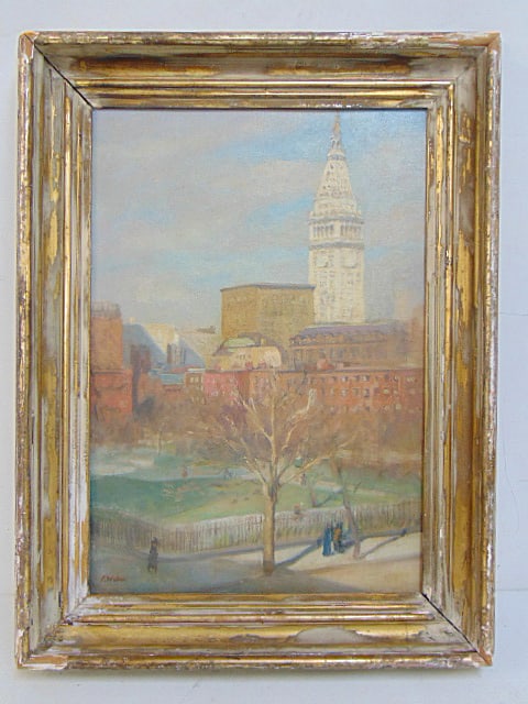 Painting, Manhattan scene, with figures, signed Frederick T. Weber, oil on canvas board, from (1 of 6)