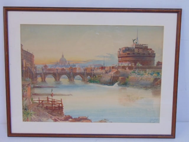 Painting, view of Rome, Castel Sant'Angelo, signed J. Martin, watercolor, painting is 13.25" by: Painting, view of Rome, Castel Sant'Angelo, signed J. Martin, watercolor, painting is 13.25" by 18.75", framed size is 18" by 23.5"