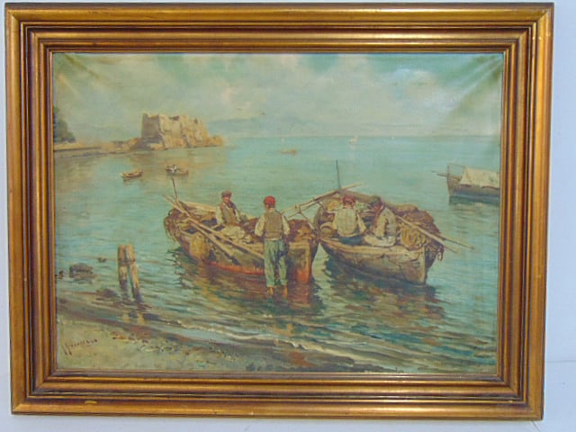Painting, Italian scene with fishermen by lake, Giuseppe Giardiello, oil on canvas, canvas is 19.5" (1 of 5)