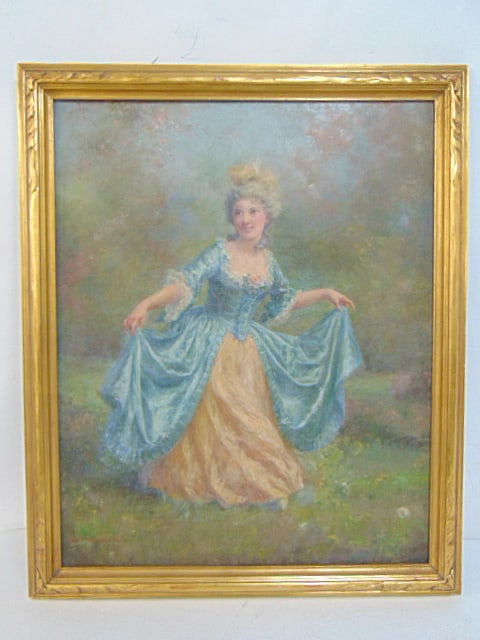 Painting, "Practicing the Measure", signed Jennie Brownscombe, lady in elegant blue dress, oil on: Painting, "Practicing the Measure", signed Jennie Brownscombe, lady in elegant blue dress, oil on canvas, 26" by 21", framed size is 29.5" by 24.5"