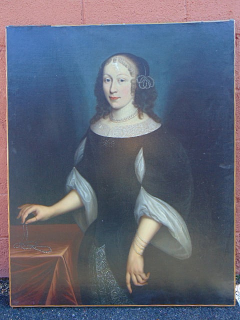 Painting, portrait lady with lace collar holding string of pearls, in restored condition, oil on: Painting, portrait lady with lace collar holding string of pearls, in restored condition, oil on canvas, 44" by 35.5"