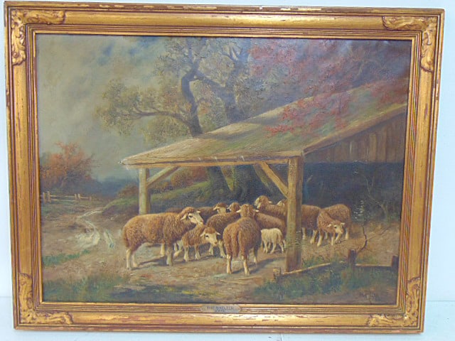Painting, sheep in open shed, signed C. Hind, oil on canvas, titled "The Shelter", 23" by 31", (1 of 6)