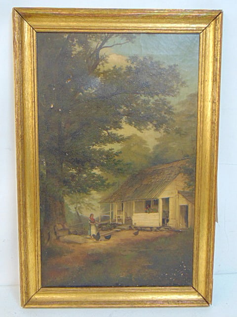 Painting, woman feeding chickens, attr.. to Jefferson David Chalfant, oil on canvas, woman feeding (1 of 6)