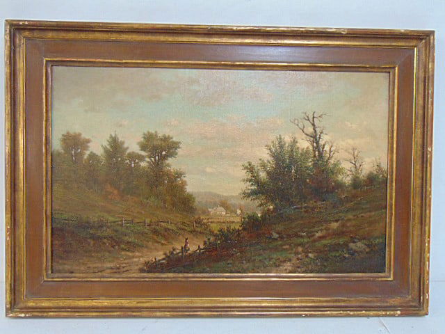 Painting, landscape with figure, signed Higgins oil on canvas, in restored, relined (1 of 6)
