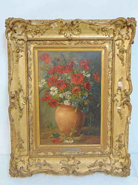 Painting, "Poppies", by Jennie Ashton Hackett, oil on canvas, canvas is 16" by 12", framed size is (1 of 7)