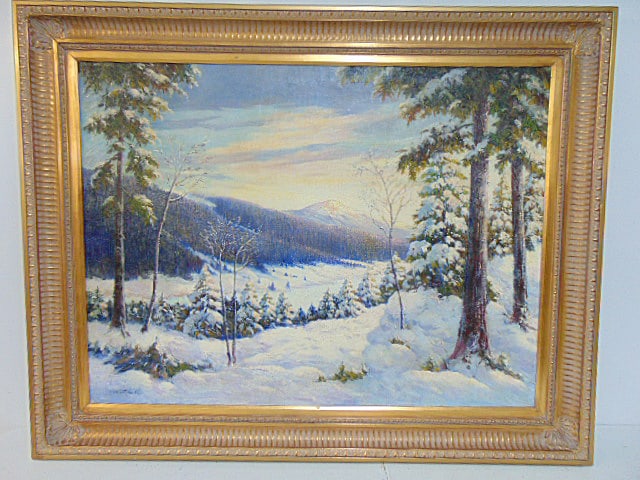 Painting, winter landscape with snow, signed Mitchell, first initial C or G (?), oil on canvas, (1 of 6)