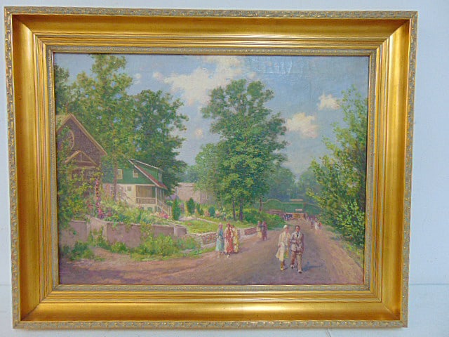 Painting, figures walking on street, att to A.F. Graves, oil on canvas, 18" by 24", framed size is (1 of 5)