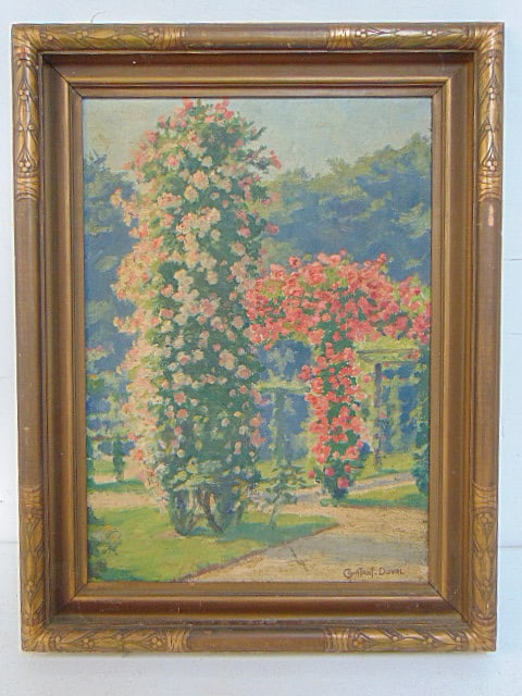 Painting, park or garden scene with floral shrubs, signed Constant Duval, "Bagatelle Roseraie", oil (1 of 6)